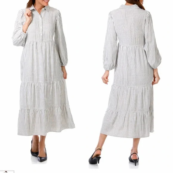 NWT Max Studio Grey and White Striped Tiered Maxi Dress - Picture 4 of 4